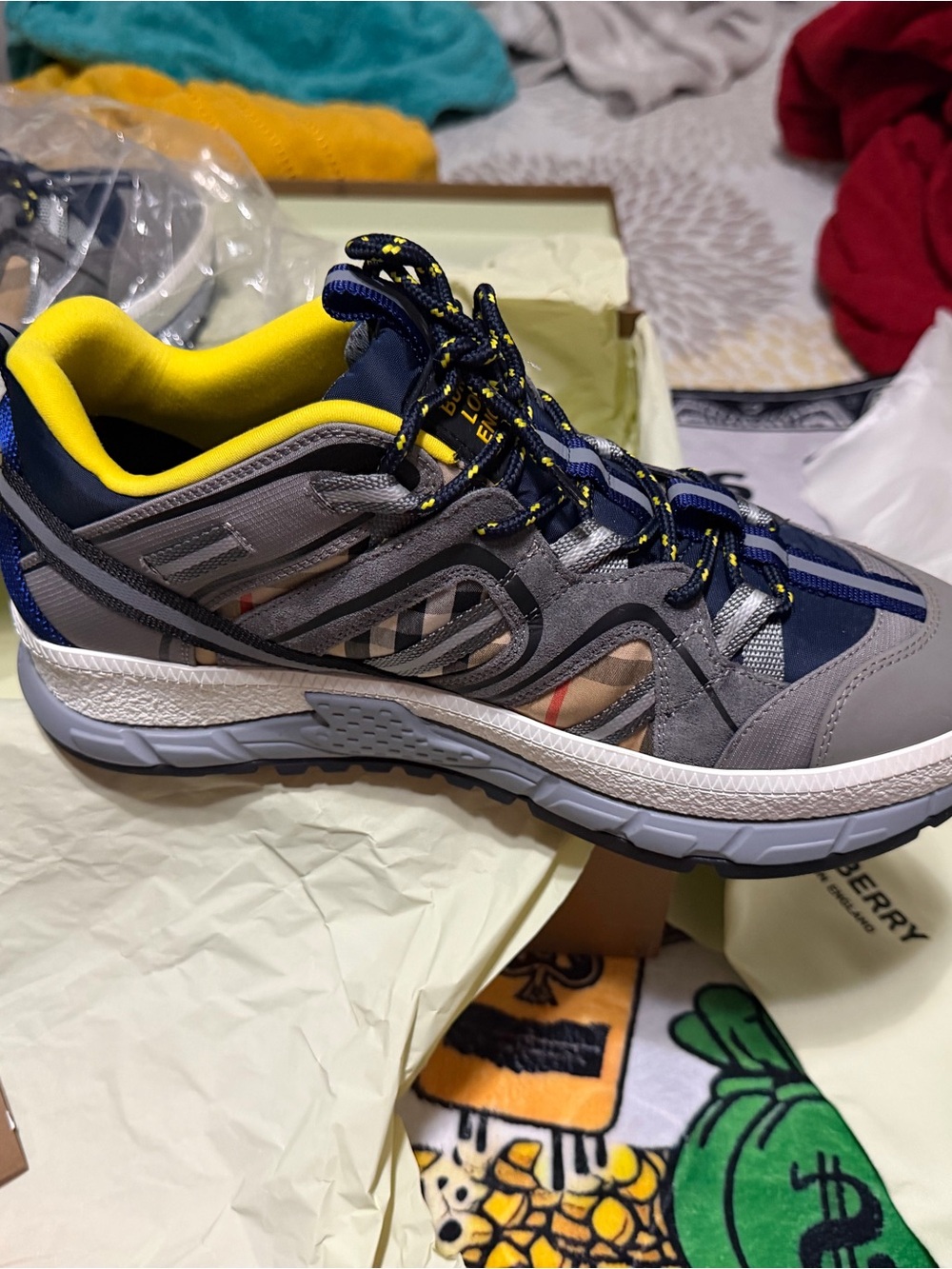 Burberry Grey and Blue Men's Trail Sneaker with Yellow Lining